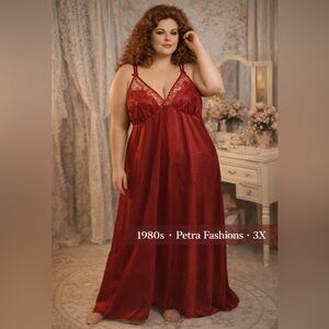 Vintage 1980s Petra Fashions Garnet Lace Nightgown 3X Strappy Back